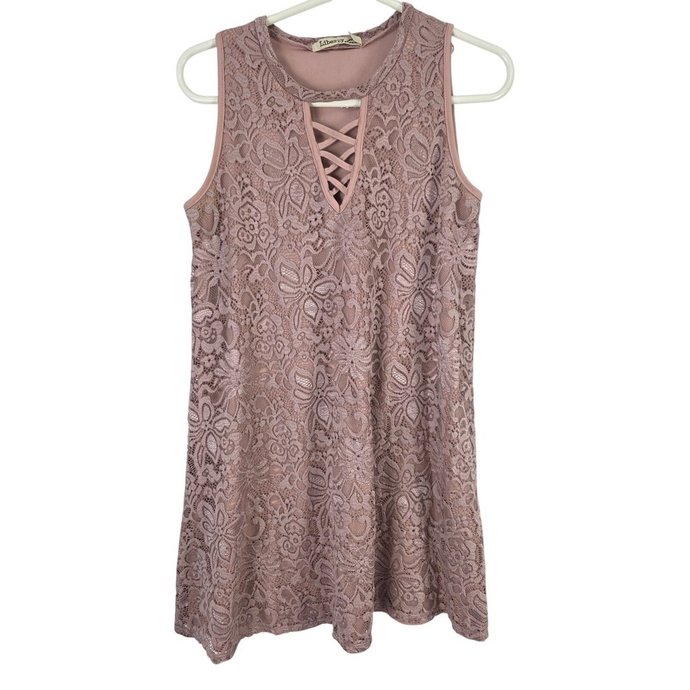 Liberty Bell Coquette Mini Dress M Womens Pink Lace Overlay V Neck Cottage Fairy